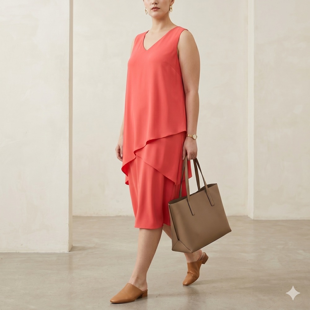 SUSAN GRAVER Coral Liquid Knit Tiered Dress Layered Asymmetrical 1XP Lagenlook - Picture 3 of 8
